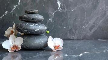 AI generated Beautiful composition with spa stones on grey marble table photo