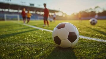 ai generado fútbol fútbol americano formación sesión para niños. Niños formación fútbol americano en el paso. fútbol estadio en el fondo foto