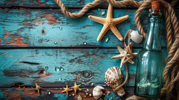 AI generated Sea and ocean gifts on a wooden background. Marine things. Sea products. Water Background for real man captains and sailors. Pirate design. Bottle, rope, star. Underwater treasures photo