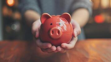 AI generated Man hand holding piggy bank on wood table, saving money wealth and financial concept, Business, finance, investment, Financial planning. photo