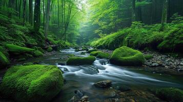 AI generated Tranquil forest and stream scenery with mosscovered rocks photo