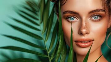 AI generated Beautiful woman with perfect skin and natural make-up holding tropical leaves photo