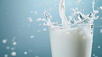 AI generated Pouring fresh milk into the glass with splashing on light blue background. photo