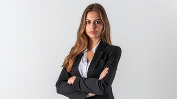 AI generated Caucasian successful confident young businesswoman ceo boss bank employee worker manager with arms crossed in formal wear isolated in white background photo