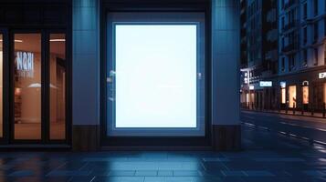 AI generated Blank mock up of store street showcase window in a city at night photo