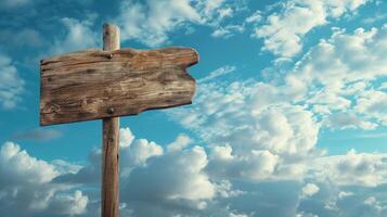 AI generated wooden signpost on a background of blue sky with clouds photo