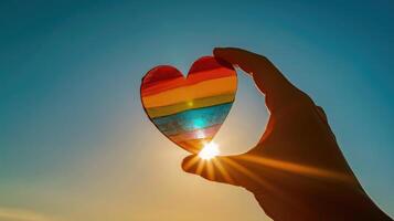 AI generated lgbt rights concept, hand holds a heart painted like a LGBT flag, photo