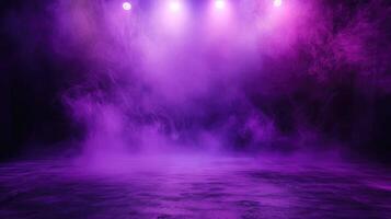 AI generated The dark stage shows, purple background, an empty dark scene, neon light, spotlights The asphalt floor and studio room with smoke float up the interior texture for display products photo