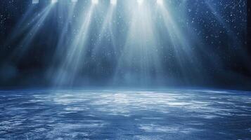 AI generated Snow and ice background.Empty ice rink illuminated by spotlights photo