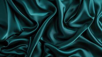 AI generated Dark teal green silk satin. Shiny smooth fabric. Soft folds. Luxury background with space for design. web banner. Flat lay, top view table. Birthday, Christmas photo