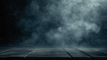 AI generated Fog In Darkness - Smoke And Mist On Wooden Table - Abstract And Defocused Halloween Backdrop photo