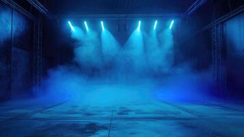 AI generated The dark stage shows, dark blue background, an empty dark scene, neon light, spotlights The asphalt floor and studio room with smoke float up the interior texture for display photo