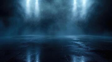 AI generated Dark street, wet asphalt, reflections of rays in the water. Abstract dark blue background, smoke, smog. Empty dark scene, neon light, spotlights. Concrete floor photo