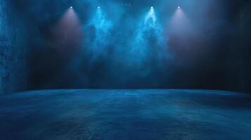 AI generated The dark stage shows, dark blue background, an empty dark scene, neon light, spotlights The asphalt floor and studio room with smoke float up the interior texture for display photo