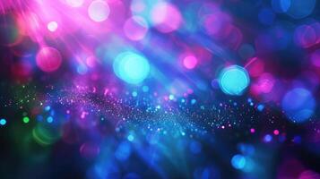 AI generated Neon blur glow. Color light overlay. Disco illumination. Defocused blue pink green ultraviolet radiance soft texture on dark abstract empty space background. photo