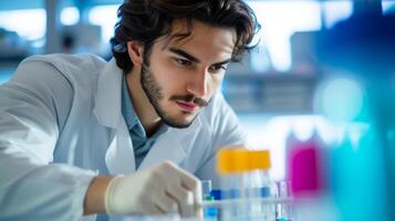 ai generado joven masculino científico utilizando un micropipeta en un médico investigación laboratorio. el análisis de bioquímico muestras avanzado científico laboratorio para medicamento, microbiología y biotecnología desarrollo foto