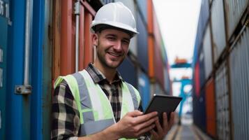 AI generated Young male industrial engineer with a helmet working on a tablet. Checks for control loading in container terminal, An inspector or supervisor, Logistics import export shipping photo