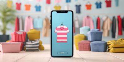 AI generated Smartphone with Clothes on Screen. Online shopping on Mobile Application or Website, Digital Marketing photo