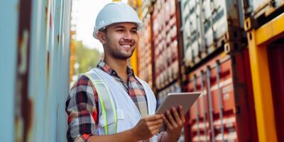 AI generated Young male industrial engineer with a helmet working on a tablet. Checks for control loading in container terminal, An inspector or supervisor, Logistics import export shipping photo