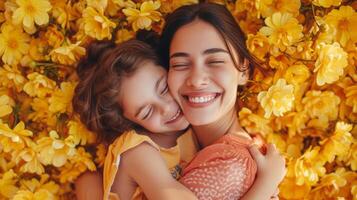 AI generated Happy Mother and Daughter Enjoying Quality Time Together. Joyful Mom Embracing Her Daughter Surrounded by Flowers. Heartwarming and Emotionally Resonant for Mother's Day photo