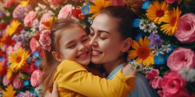 AI generated Happy Mother and Daughter Enjoying Quality Time Together. Joyful Mom Embracing Her Daughter Surrounded by Flowers. Heartwarming and Emotionally Resonant for Mother's Day photo