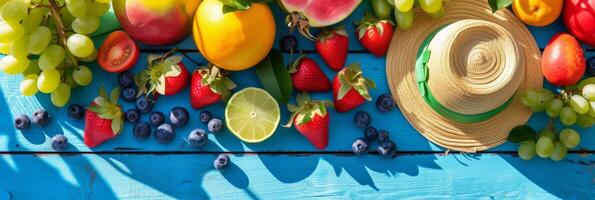 AI generated Top View Assortment of Different Fruits Rich in Vitamin. Nutritional Food for Health Wellness, Diet and Healthy Nutrition, Outdoor Summer photo