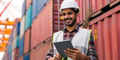 AI generated Young male industrial engineer with a helmet working on a tablet. Checks for control loading in container terminal, An inspector or supervisor, Logistics import export shipping photo