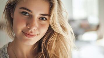 AI generated A close-up portrait of a young girl with blonde hair and blue eyes, featuring a soft smile and freckles, with a blurred background photo