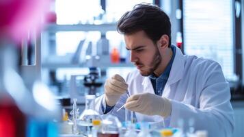 AI generated Young male scientist using a micropipette in a medical research lab. The analysis of biochemical samples. Advanced scientific lab for medicine, microbiology and biotechnology development photo