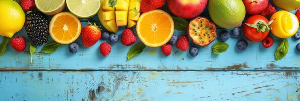 AI generated Top View Assortment of Different Fruits Rich in Vitamin. Nutritional Food for Health Wellness, Diet and Healthy Nutrition, Outdoor Summer photo