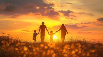 ai generado contento familia madre, padre, niños hijo y hija en naturaleza en puesta de sol foto