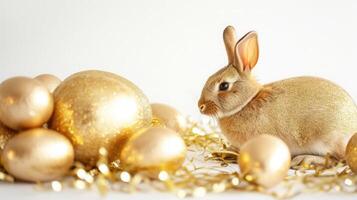 AI generated Stylish golden eggs easter concept. Easter gold eggs with golden rabbit white background. Flat lay trendy easter. photo