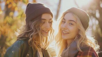 AI generated I count my blessings twice when I count you. Shot of young female friends spending the day outside. photo