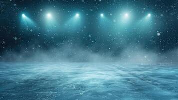 AI generated Snow and ice background.Empty ice rink illuminated by spotlights photo