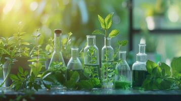 AI generated Natural drug research, Natural organic and scientific extraction in glassware, Alternative green herb medicine, photo