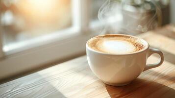 AI generated A steaming cup of coffee with a creamy froth on top rests on a wooden surface in bright, natural light near a window, suggesting a cozy morning or a relaxing break photo