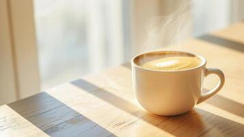 AI Generated A steaming cup of coffee with a creamy froth on top rests on a wooden surface in bright, natural light near a window, suggesting a cozy morning or a relaxing break photo