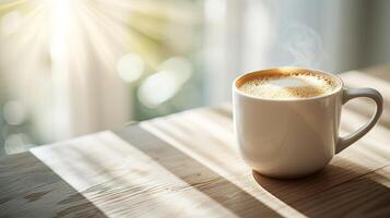 AI Generated A steaming cup of coffee with a creamy froth on top rests on a wooden surface in bright, natural light near a window, suggesting a cozy morning or a relaxing break photo