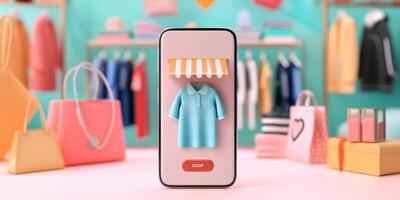 ai generado teléfono inteligente con ropa en pantalla. en línea compras en móvil solicitud o sitio web, digital márketing foto