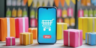 AI generated Smartphone with Shopping Cart on Screen. Online shopping on Mobile Application or Website, Digital Marketing photo