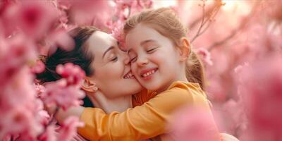 AI generated Happy Mother and Daughter Enjoying Quality Time Together. Joyful Mom Embracing Her Daughter Surrounded by Flowers. Heartwarming and Emotionally Resonant for Mother's Day photo