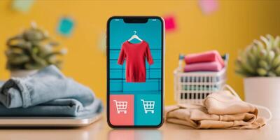 ai generado teléfono inteligente con ropa en pantalla. en línea compras en móvil solicitud o sitio web, digital márketing foto