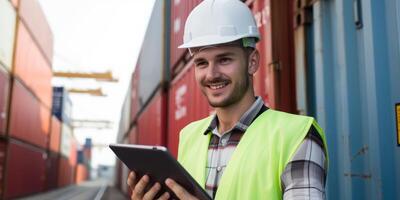 AI generated Young male industrial engineer with a helmet working on a tablet. Checks for control loading in container terminal, An inspector or supervisor, Logistics import export shipping photo