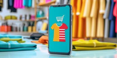 ai generado teléfono inteligente con ropa en pantalla. en línea compras en móvil solicitud o sitio web, digital márketing foto