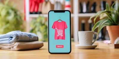 ai generado teléfono inteligente con ropa en pantalla. en línea compras en móvil solicitud o sitio web, digital márketing foto