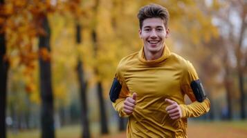 AI generated Portrait of a Young Male Running in a Park. Fit Man Enjoying Athletic Activity and Outdoors Workout Exercise for Healthy Life photo
