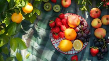 AI generated Top View Assortment of Different Fruits Rich in Vitamin. Nutritional Food for Health Wellness, Diet and Healthy Nutrition, Outdoor Summer photo