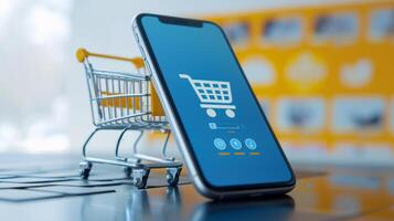 AI generated Smartphone with Shopping Cart on Screen. Online shopping on Mobile Application or Website, Digital Marketing photo