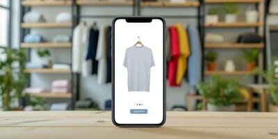 ai generado teléfono inteligente con ropa en pantalla. en línea compras en móvil solicitud o sitio web, digital márketing foto