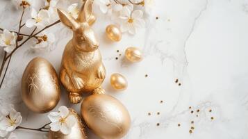 AI generated Stylish golden eggs easter concept. Easter gold eggs with golden rabbit white background. Flat lay trendy easter. photo